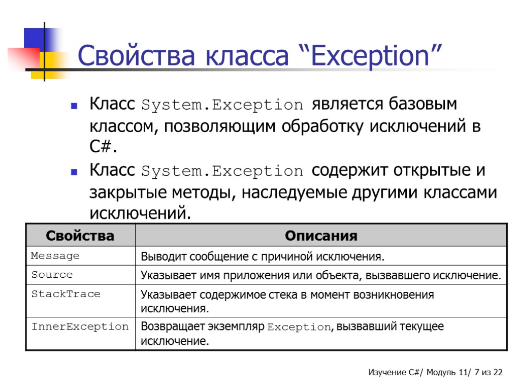 Свойства класса “Exception” Класс System.Exception является базовым классом, позволяющим обработку исключений в C#. Класс